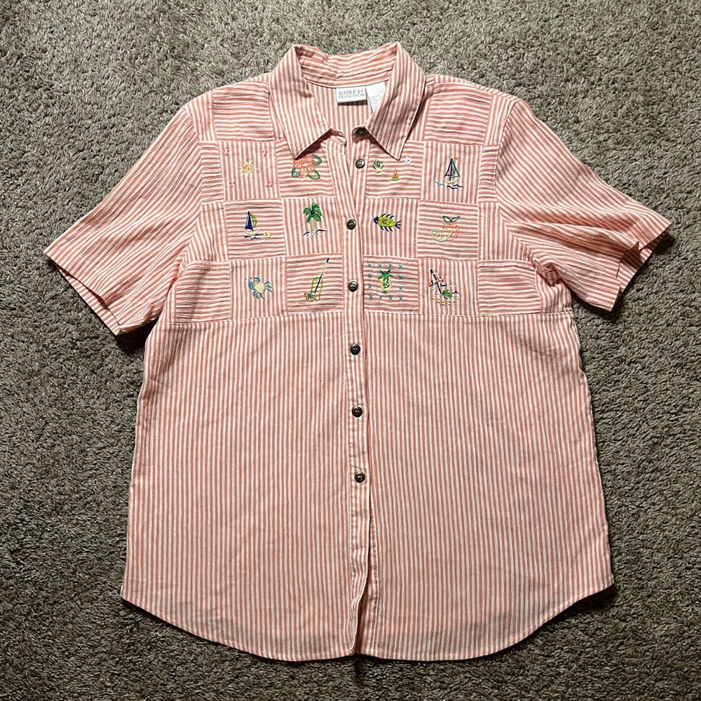 Orange and White Beach Themed Striped Collared Shirt